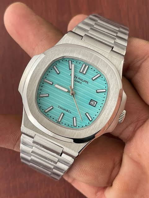 PP Silver Chain Sky Blue Dial Pat Tap Heavy Machinery Men’s Watch 180821