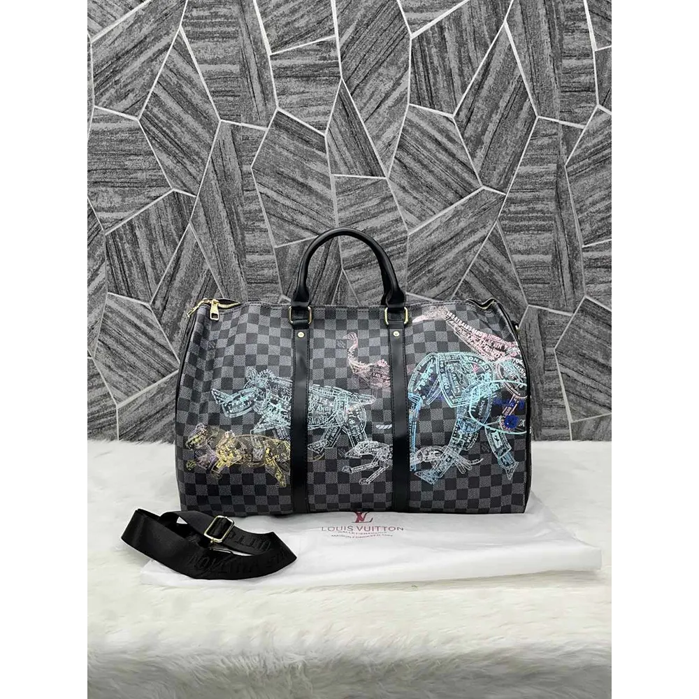 UOL LOU Black Gray Old Flower Printed Duffel Bag 988302