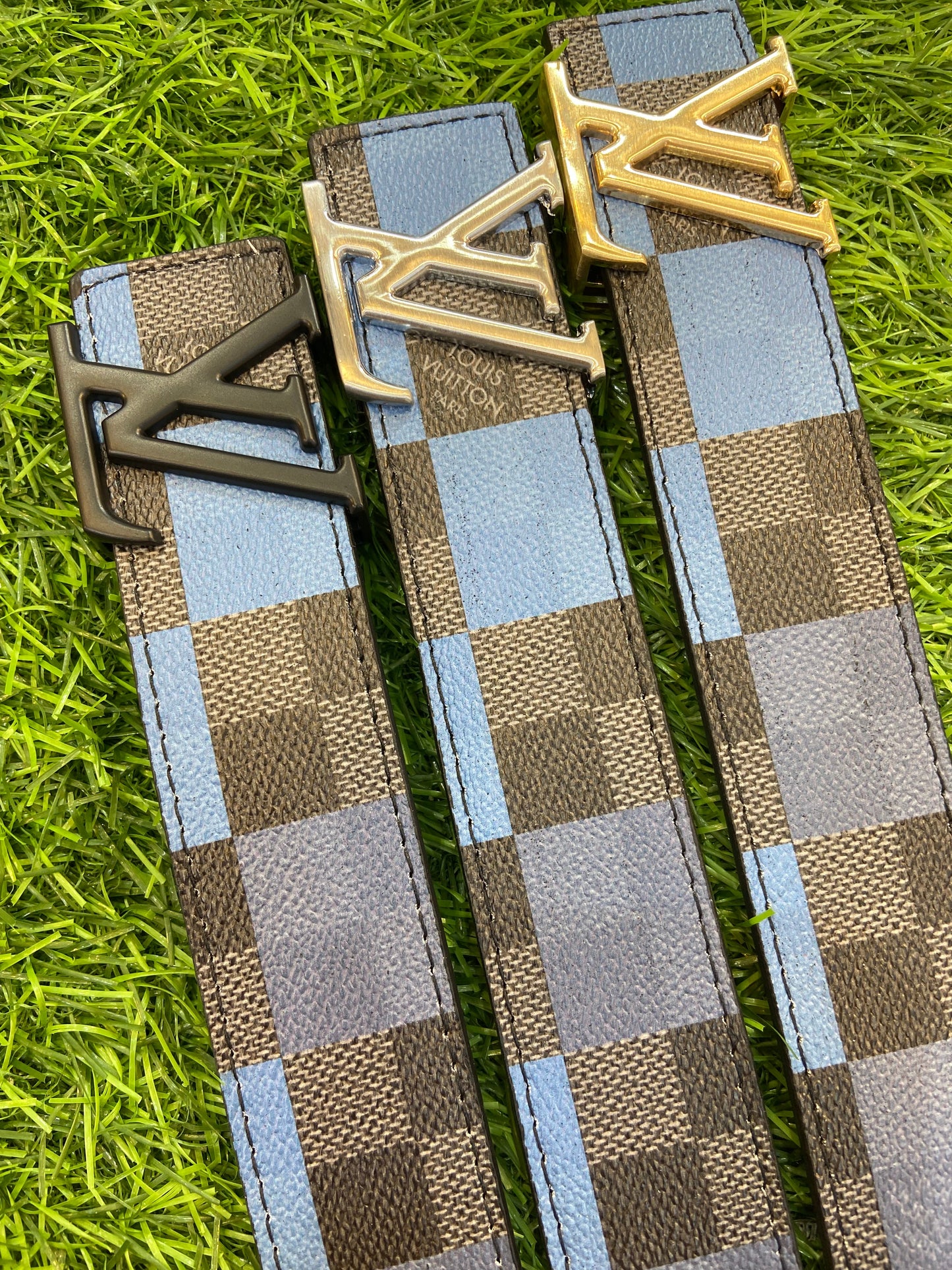 Vl UOL Black Blue Colour Check Print Premium Quality Metal Buckle Men’s Belt 112302