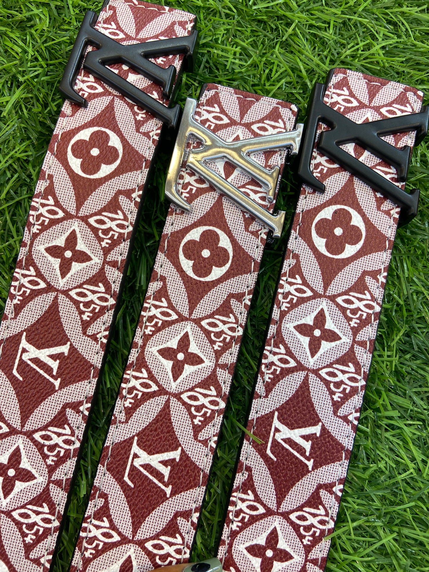 Vl UOL Maroon White Colour Monogram Print Premium Quality Metal Buckle Men’s Belt 112309