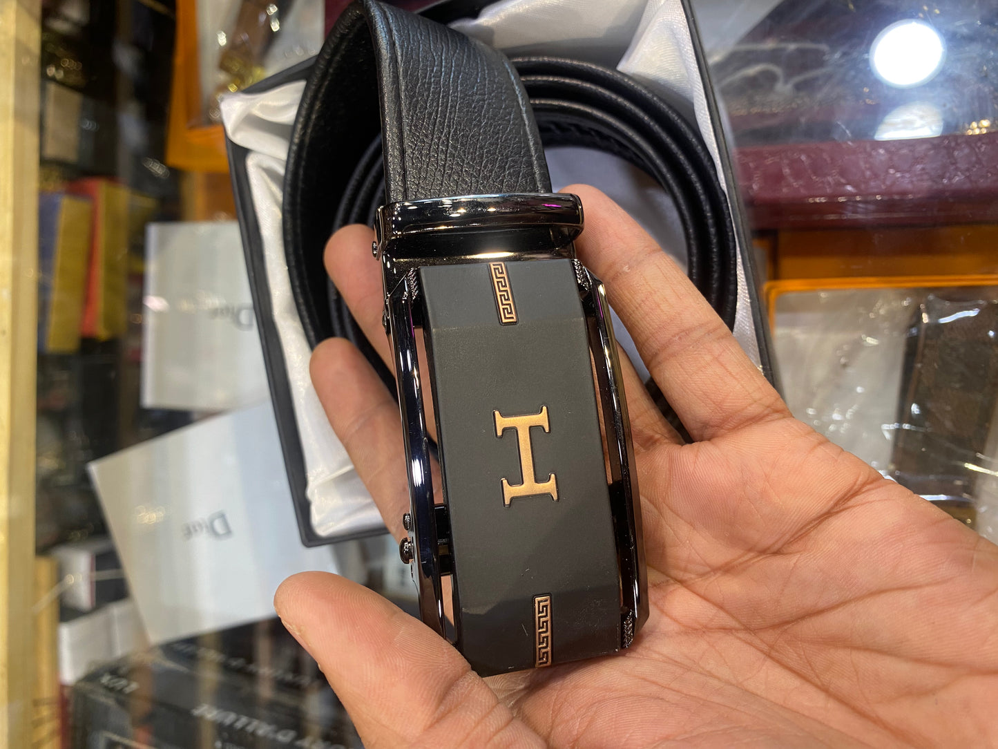 REH Gold Black Buckle Black Strap Autolock Imported Italian Leather Men’s Belts 988825