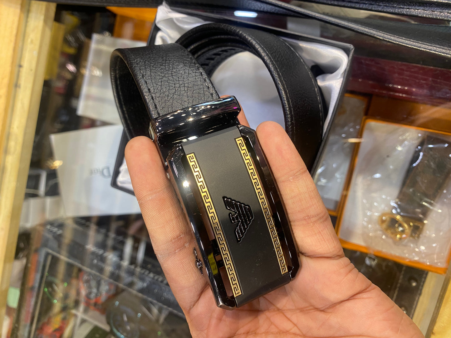 MRA Gold Black Buckle Black Strap Autolock Imported Italian Leather Men’s Belts 988826