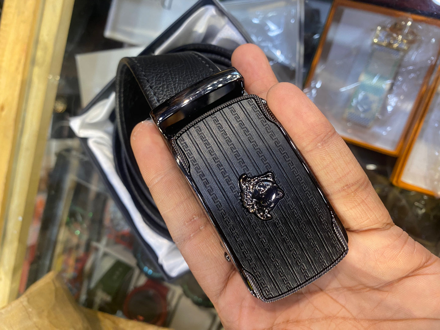 VER Black Buckle Black Strap Autolock Imported Italian Leather Men’s Belts 988828