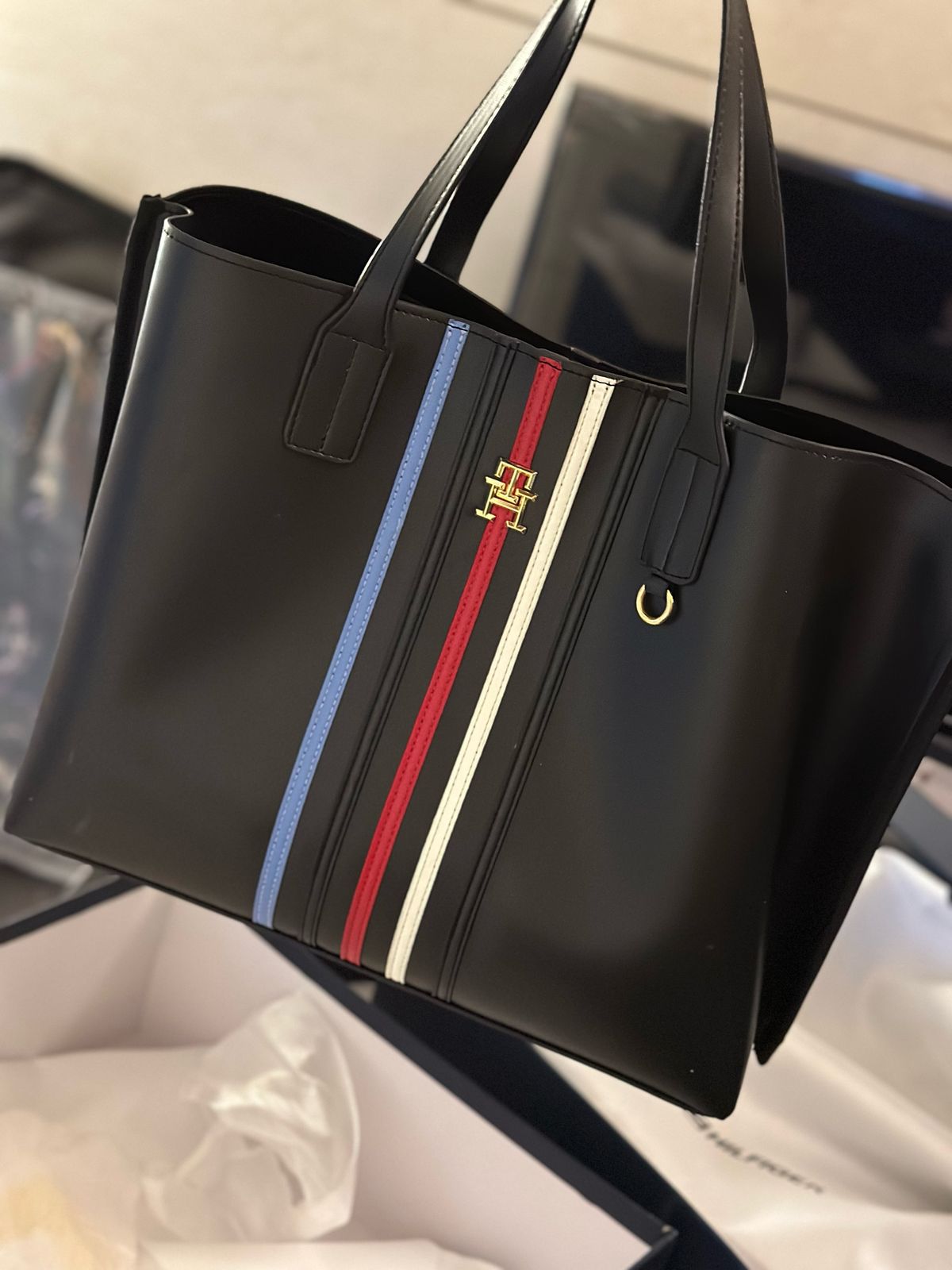 MOT TOM Black Colour Red Blue White Stripes Premium Quality Ladies Tote Bag With Box 3006