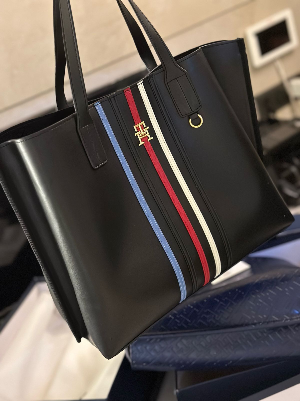 MOT TOM Black Colour Red Blue White Stripes Premium Quality Ladies Tote Bag With Box 3006