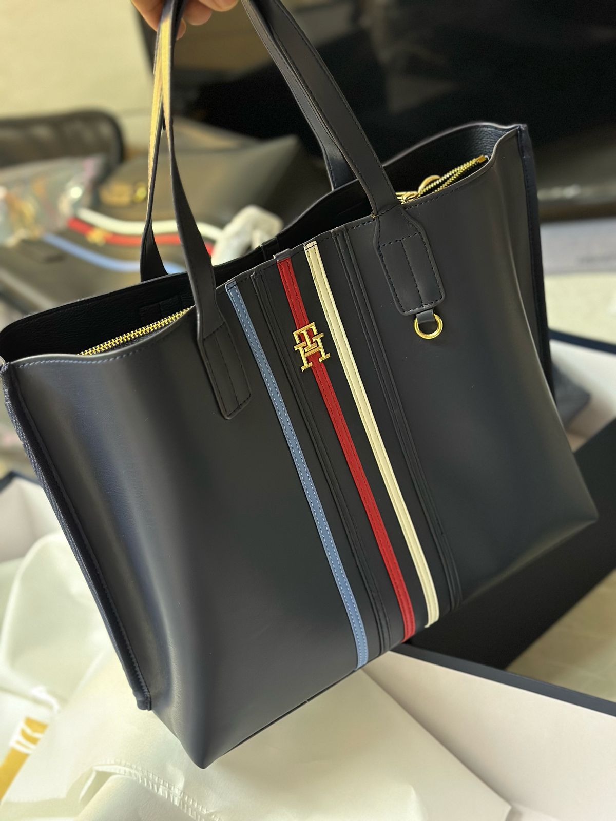 MOT TOM Black Colour Red Blue White Stripes Premium Quality Ladies Tote Bag With Box 3006