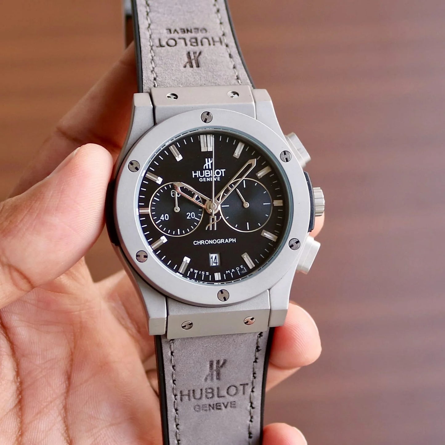 BUH HUB Silver Grey Strap Black Dial Chrono Watch For Men 400923