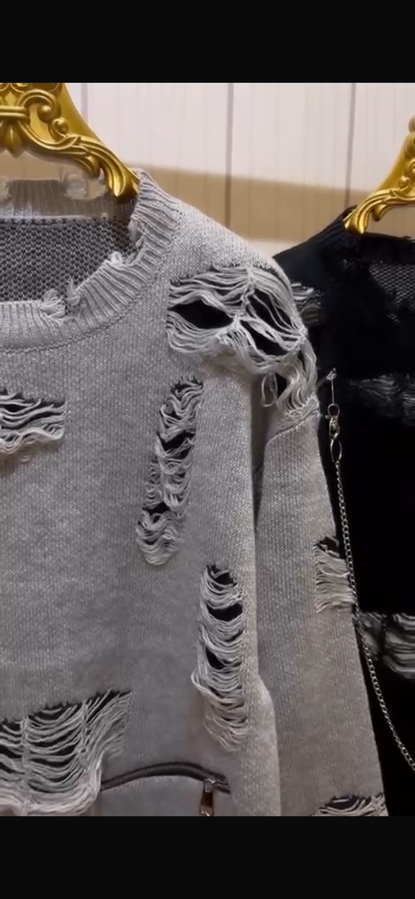 Important Ripped Crew Neck Knit Sweater Loose Fit Grey Colour K9079