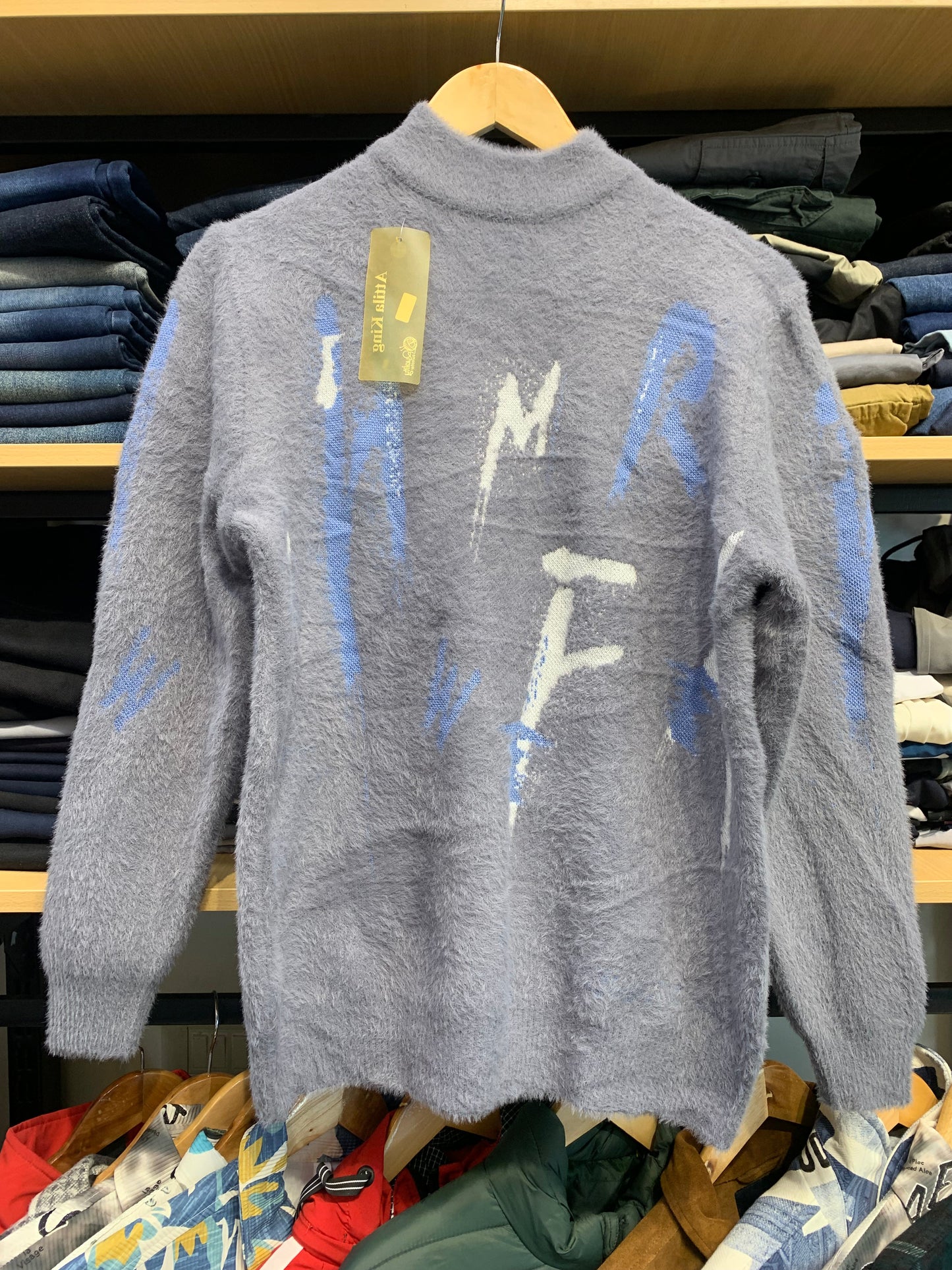 Grey Colour with Word front Print Speckled Pullover with Ribbed Hems Sweater 12584