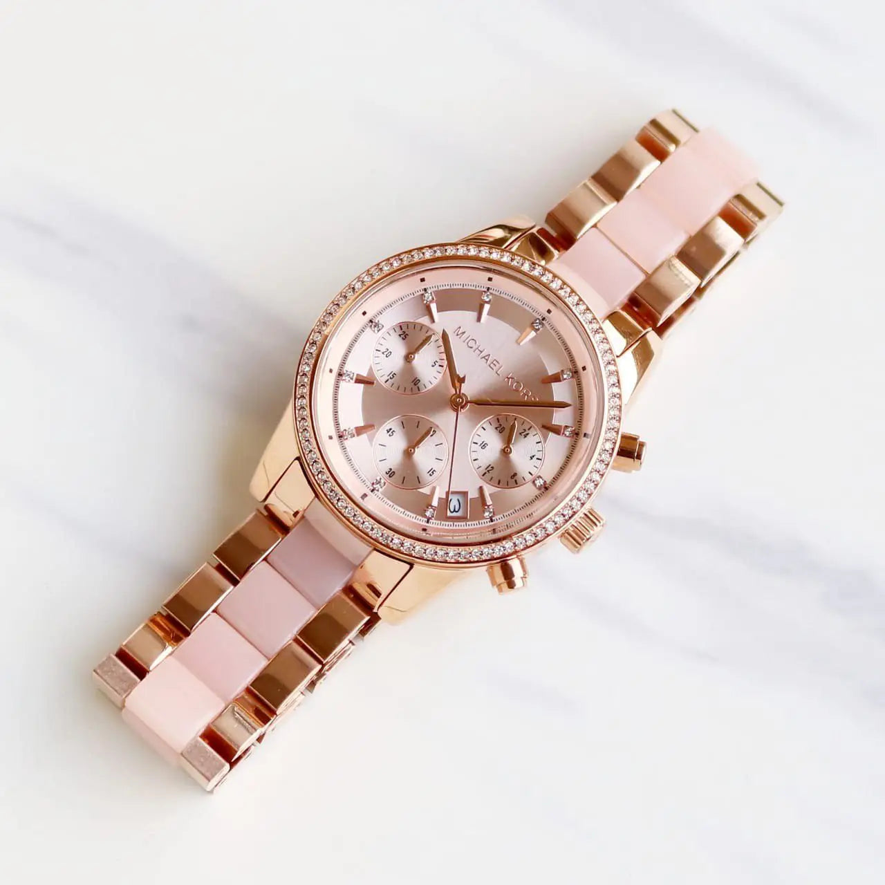 Cim Copper Pink Chain Pink Dial Studed Chronograph working Ladies Watch 989851