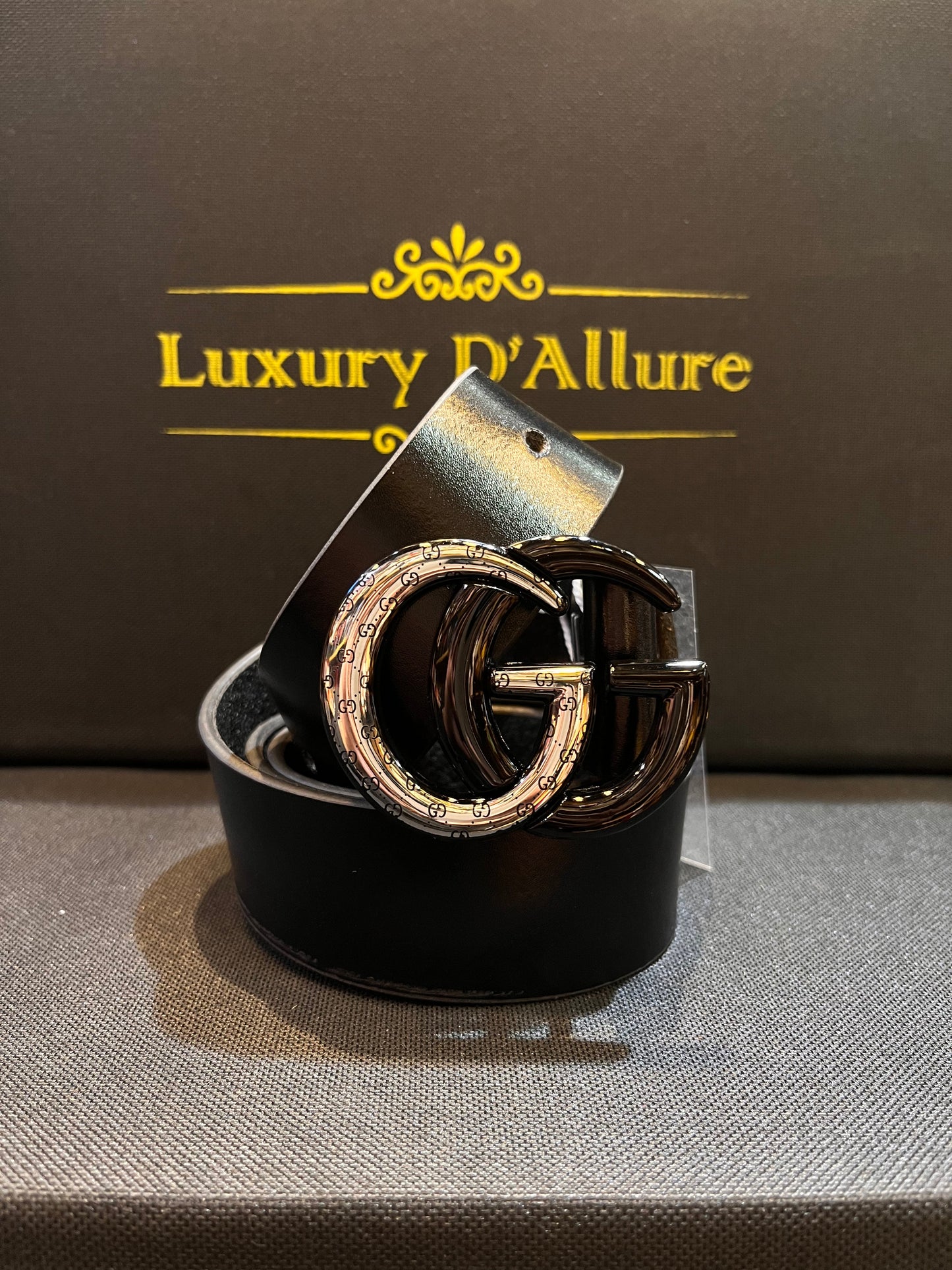 Cug Guc Black Strap Black Silver Buckle Men’s Belt 64656
