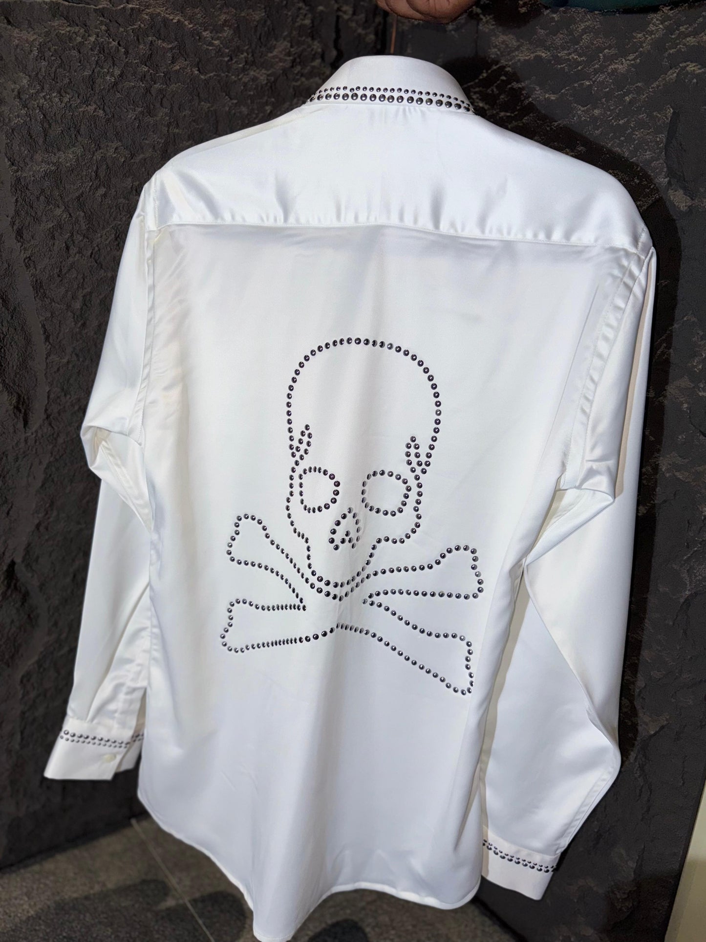 IHP White Colour Shirt Collar & Sleeve Stone Work Back Print Skull print H1116