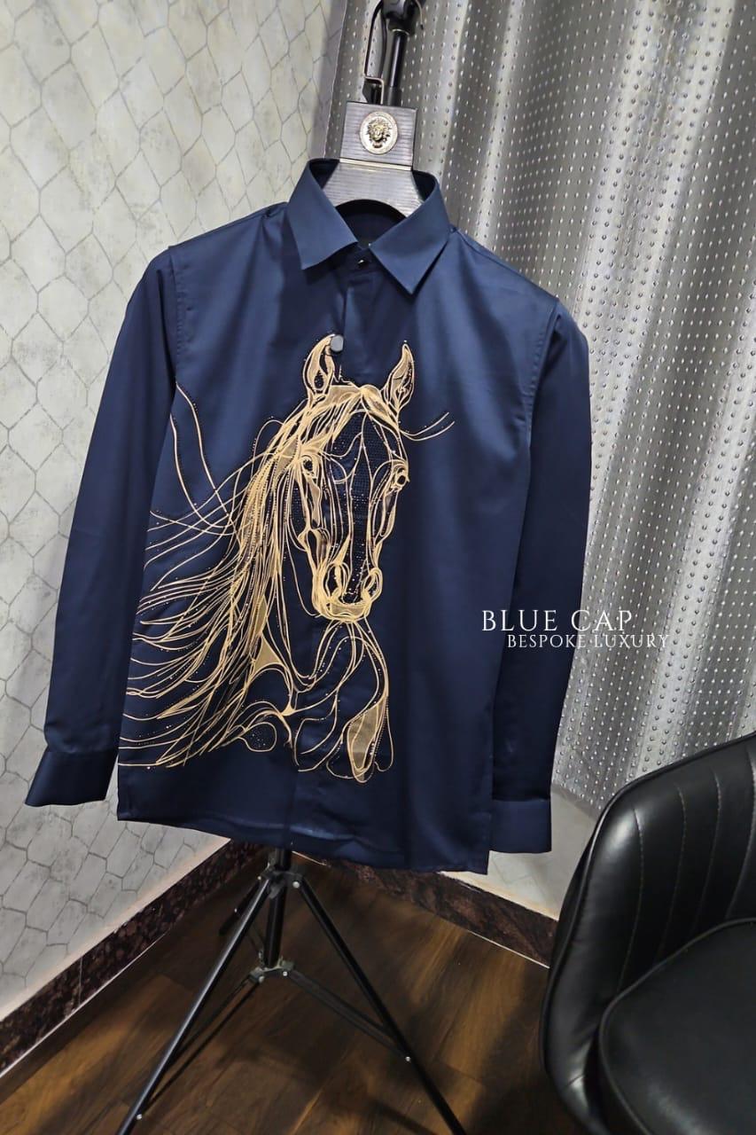 Blue Cap Navy Blue Colour Shirt Horse Stone Print H1005