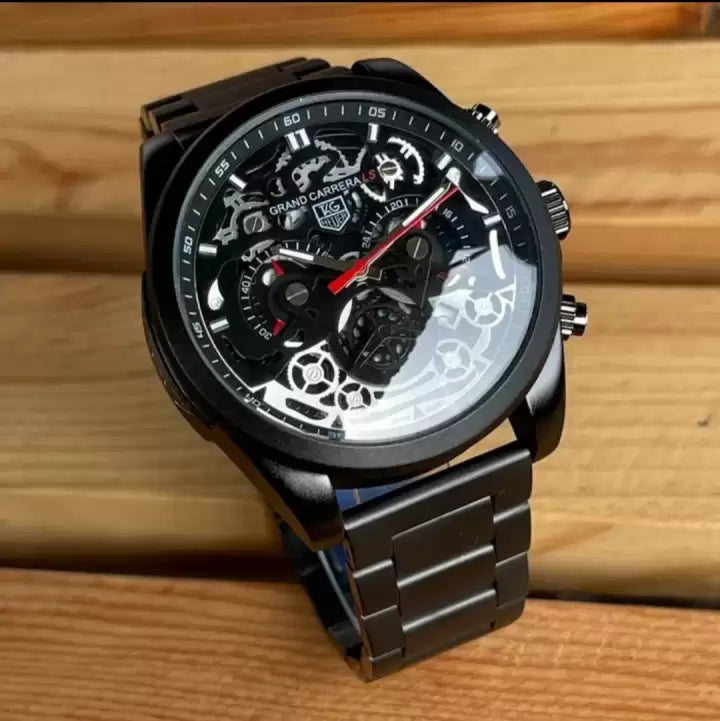GAT Black Chain Black Silver Dial Chrono Working Mens Watch 180827