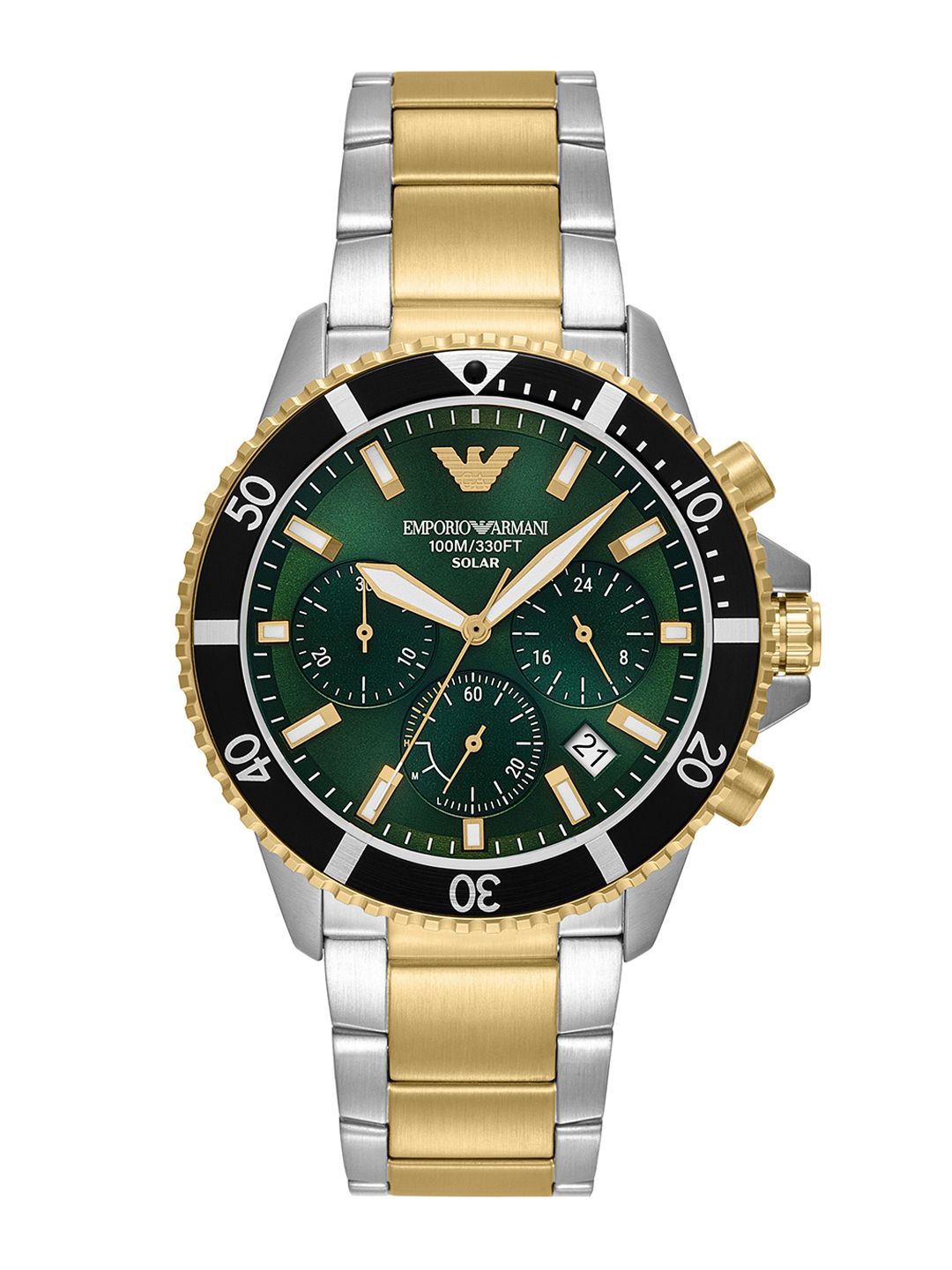 Mra Silver Golden Chain Black Ring Green Dial Premium Og Quality Men Watch 990344