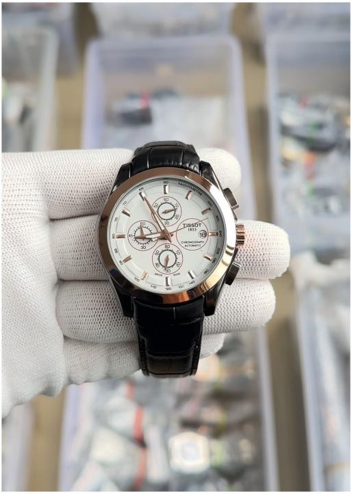 Sit Luxurious Black Strap Copper Ring white Dial Chronograph Strap Watch For Men 990113