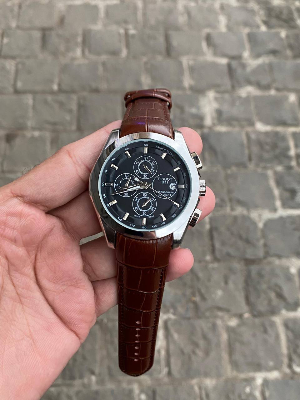 Sit Luxurious Brown Strap Copper Ring white Dial Chronograph Black Strap Watch For Men 990118