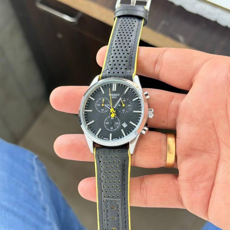 SIT TIS Black Yellow Silicone Strap Silver Ring Black Dial Men’s Watch 989317
