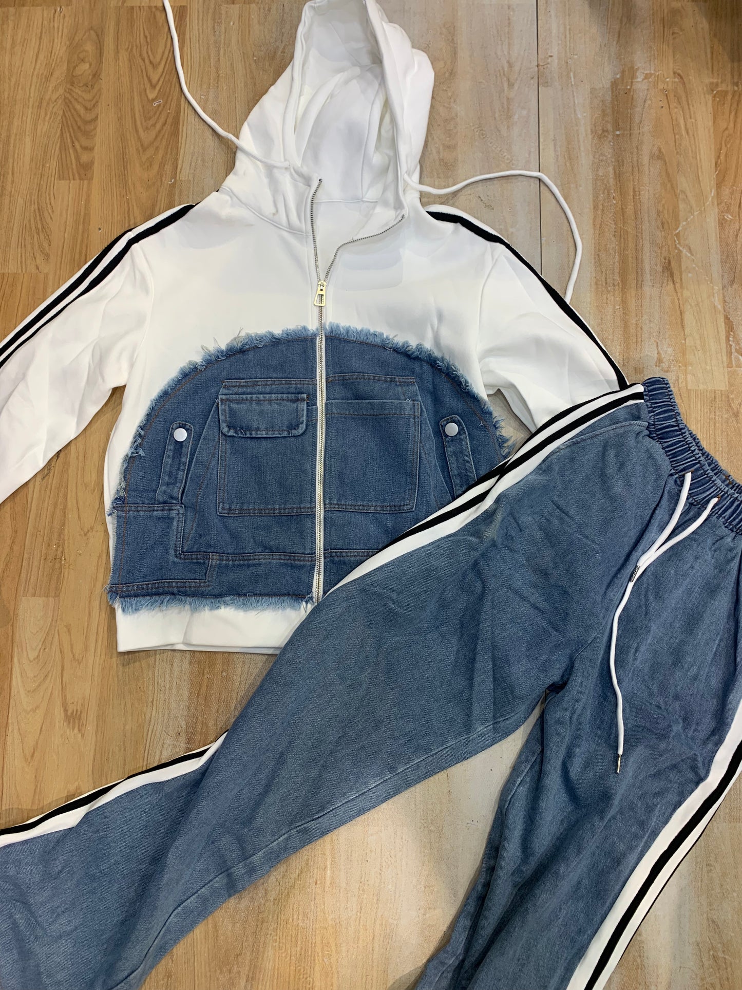 White Blue Denim Hoodie Style Premium Quality Imported Unisex Coord Set 909399
