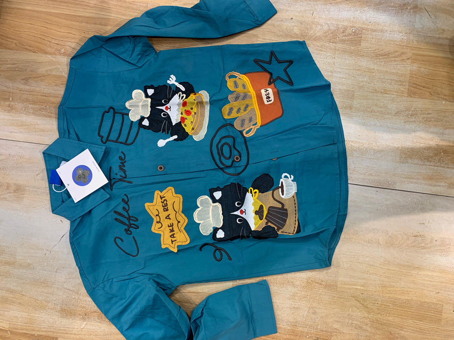 CHLEN RTEEL Coffee Time Blue Colour Cat Print Baggy Size Premium Quality Unisex Shirt YH801
