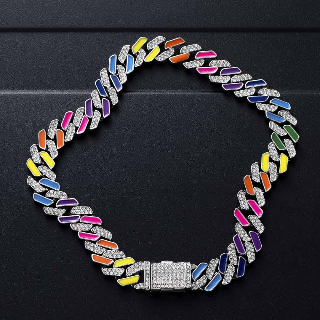 Multi-Color Half-Iced Cuban Necklace in White Gold 75099