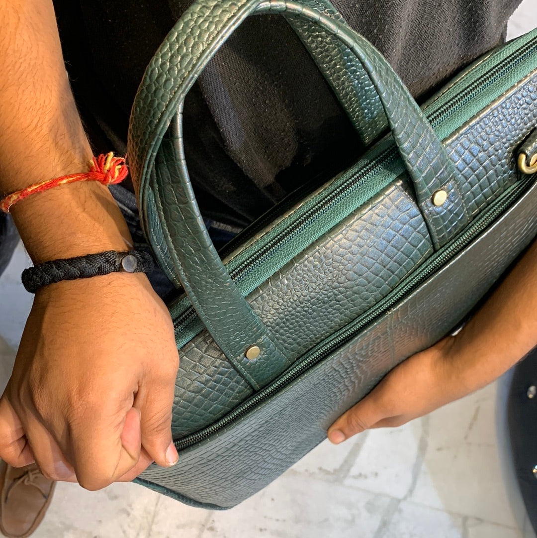 Green Colour Genuine Leather Heavy Quality Crock Print Laptop Bag 4216