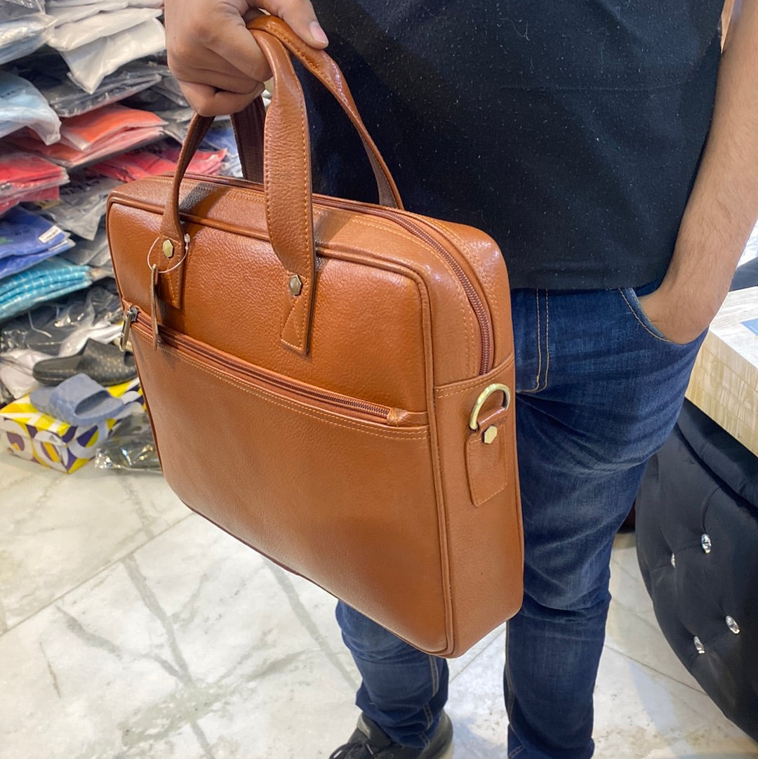 Tan Colour Zipper Genuine Leather Laptop Bag 4201