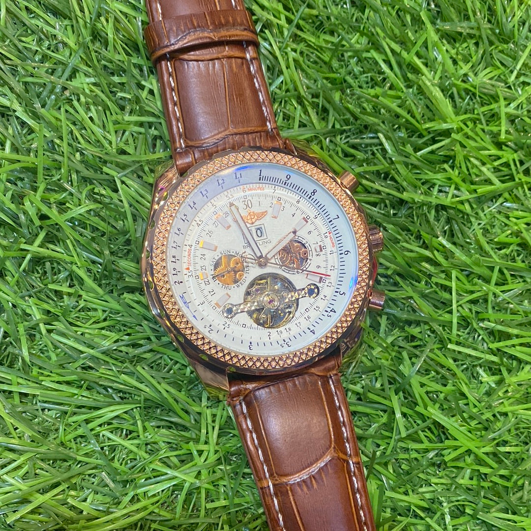 Men’s Brown Leather Strap Golden Dial Automatic Watch