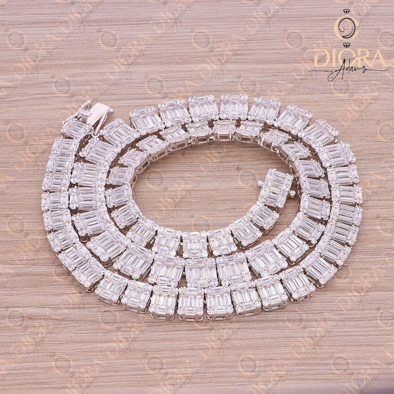 Silver Baguette Diamond Chain Necklace 75098