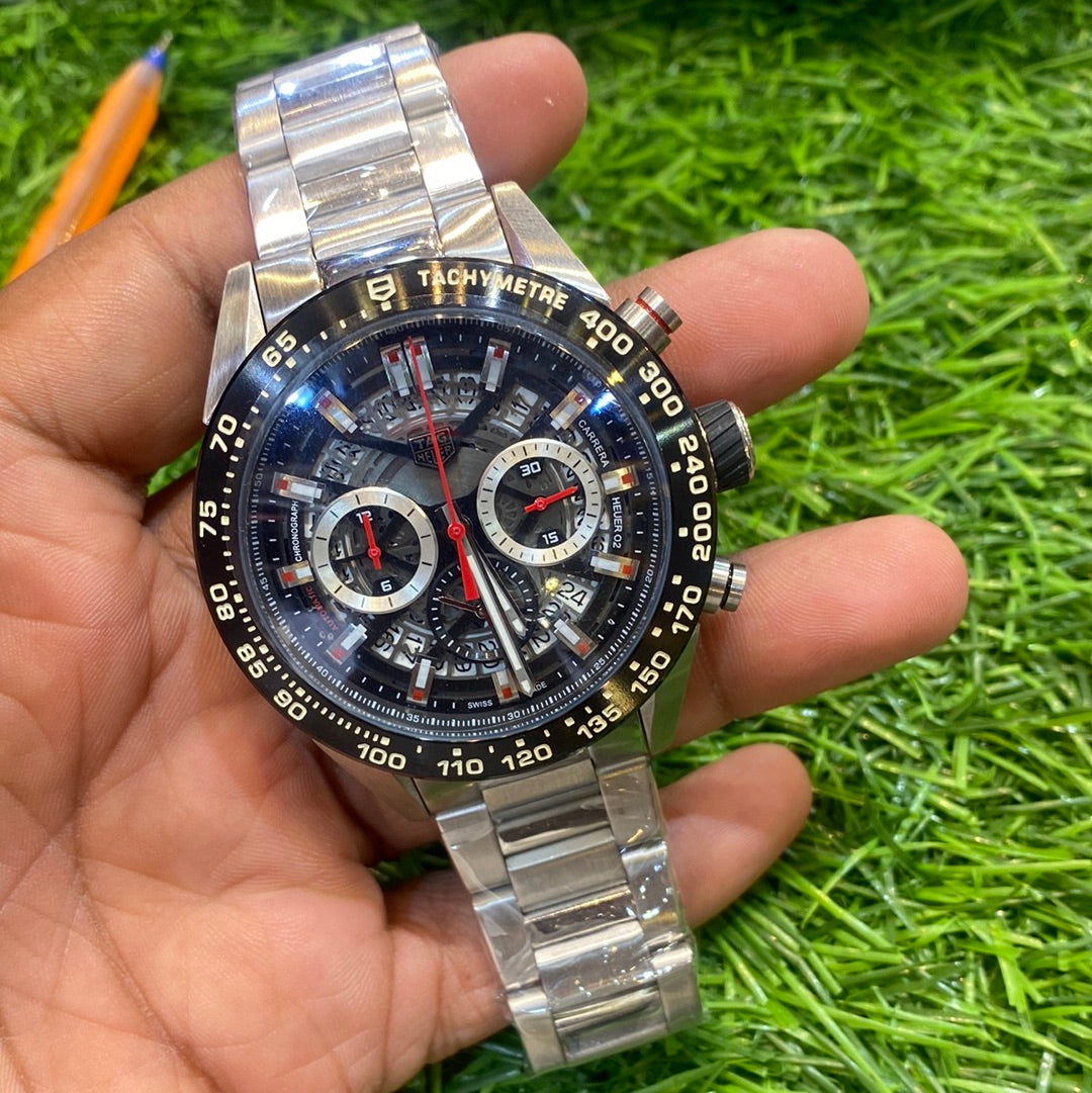 Silver Chain Black Dial Heavy Machinery Chrono Workings Men’s Watch