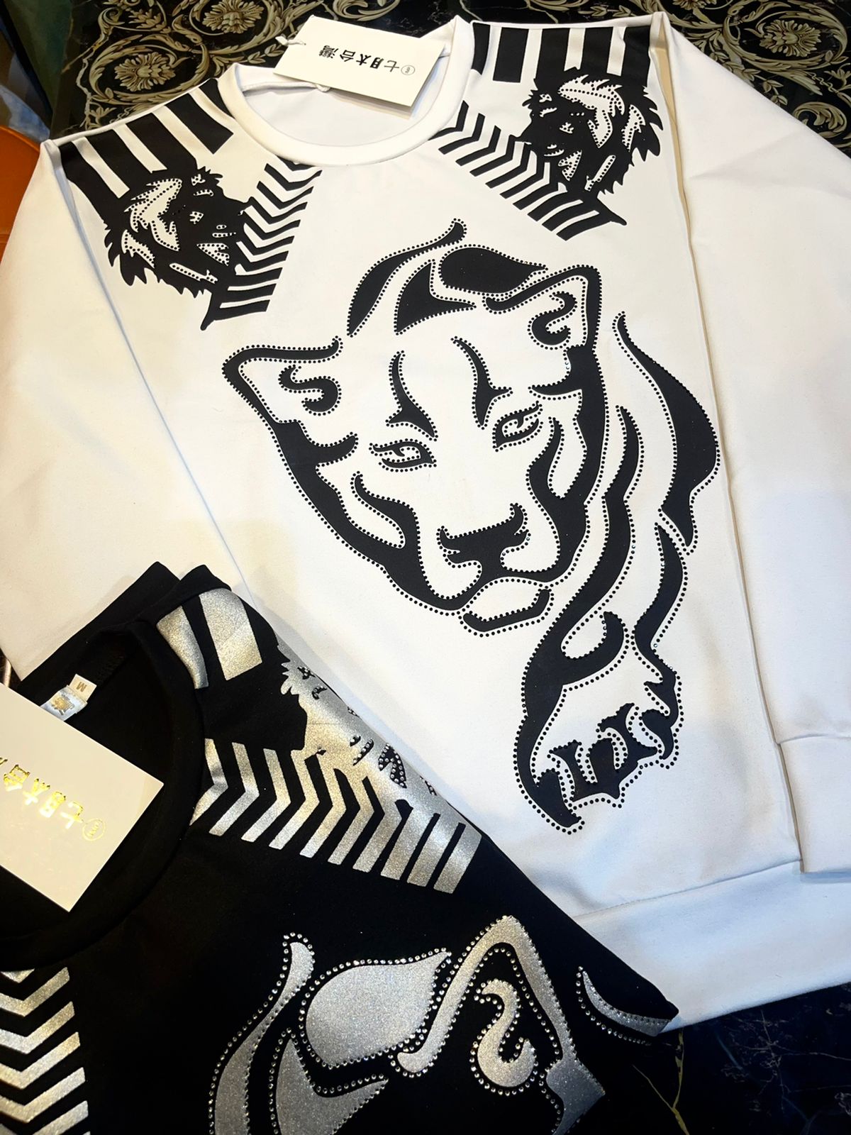 PHI IHP White Colour Black Tiger Print With Diamond Sweatshirt 400723