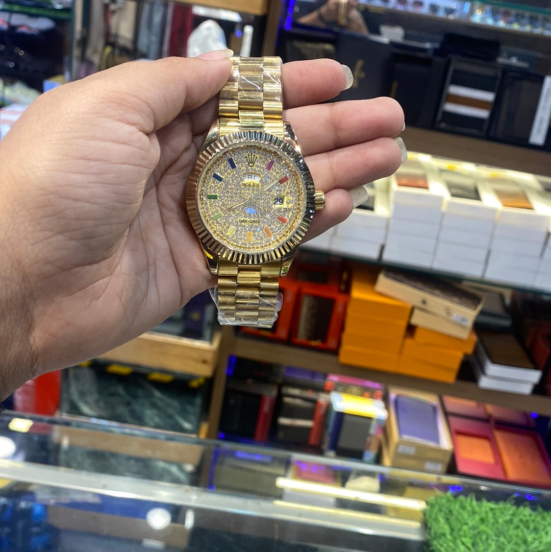 Lor Gold Chain Gold Diamond Dial Day & Date Man Watch