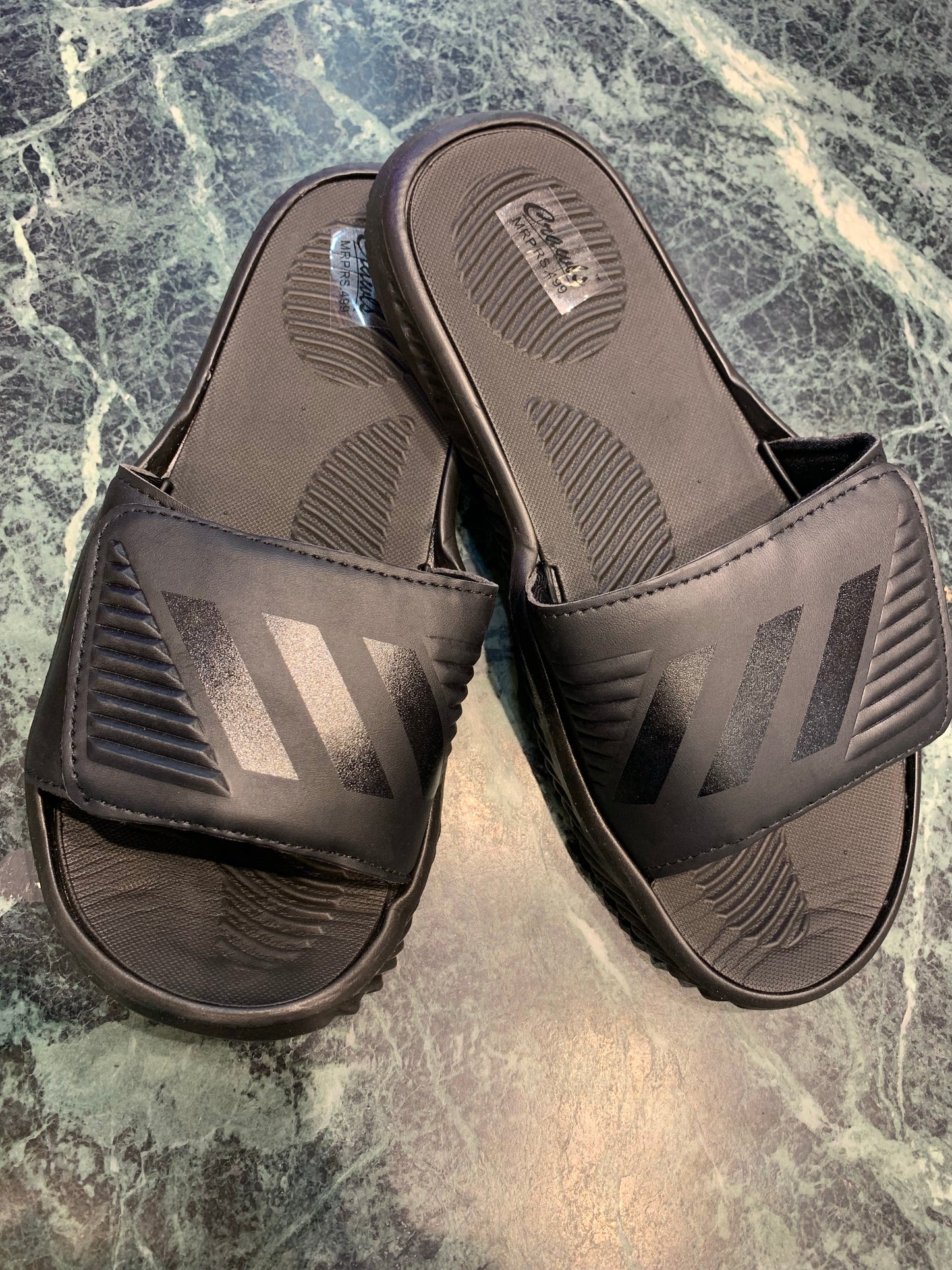 All Black Velcro Three Stripes Slippers Sliders 03082023