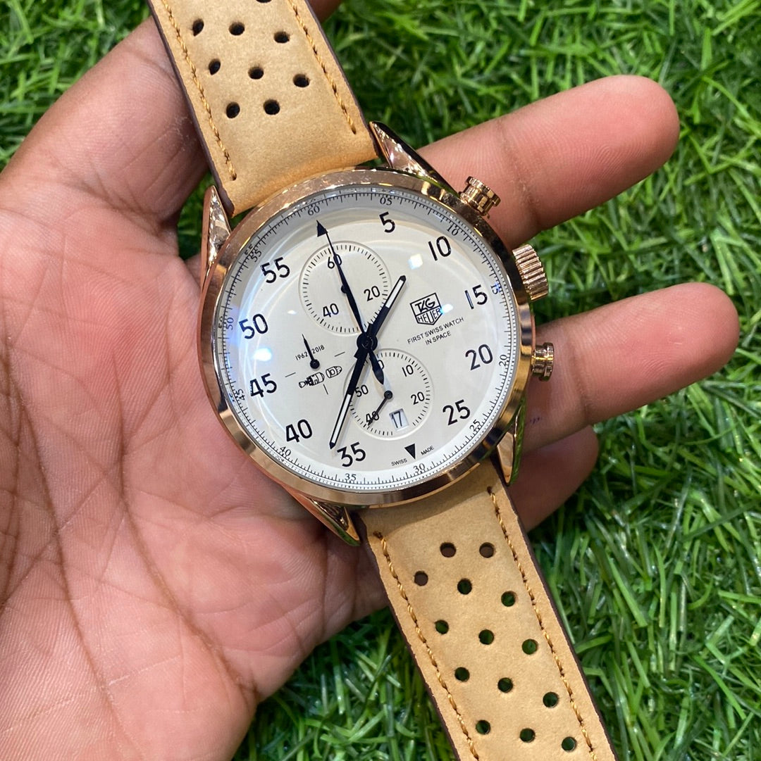 GAT Tan Leather Strap White Dial Chrono Watch for Men 400902