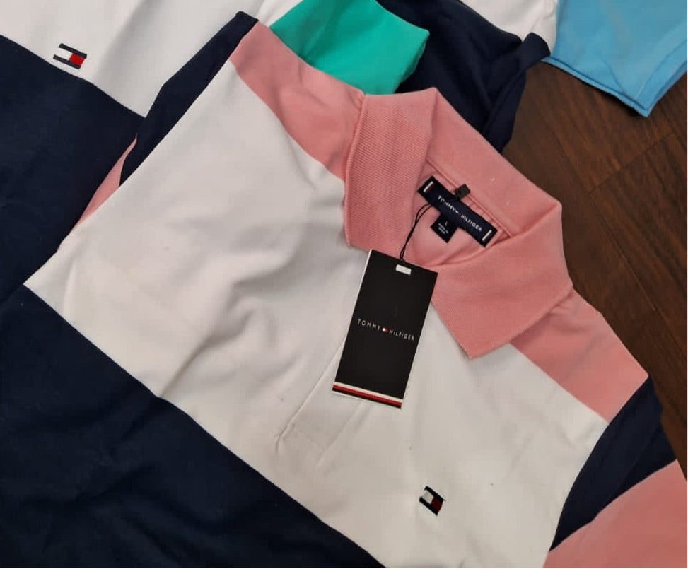 MOT White Navy Peach Colour With Mot Embroidery Print Lycra Cotton Collar TShirt 298114