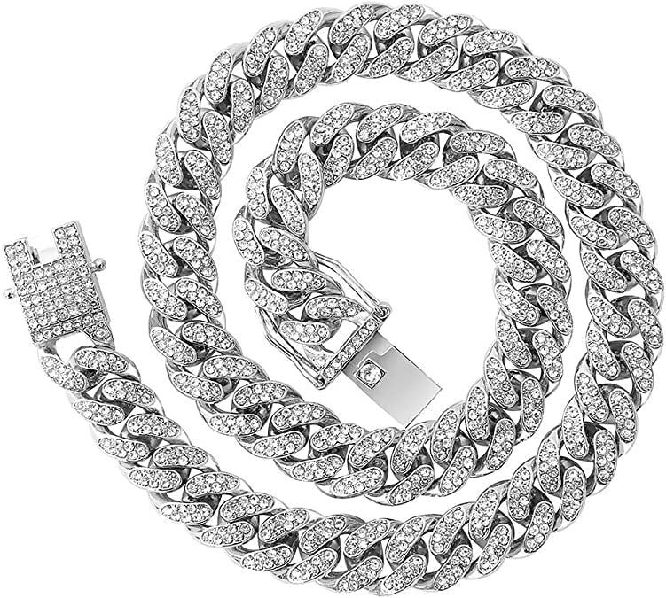 Heavy Sliver Chain With Diamond Studded Cuban Chain 49311