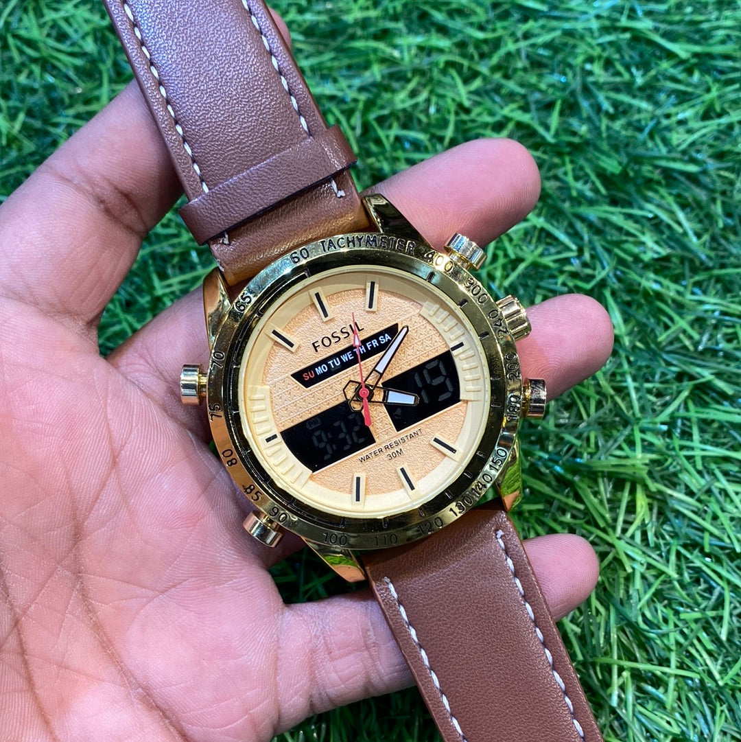 SOF Brown Strap Gold Dial Analog Digital Strap Watch 400601