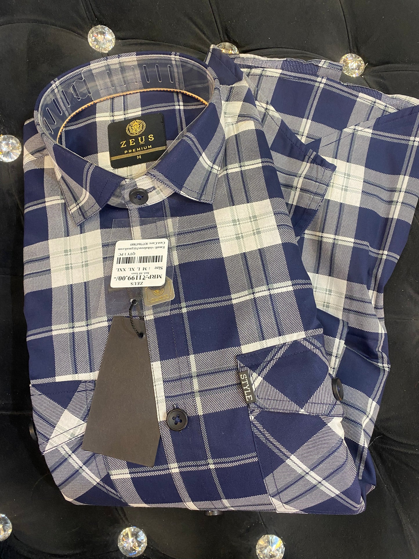 ZEUS White Navy Colour With Check Print Double Pocket Lycra Cotton Full Sleeves Shirt 567892