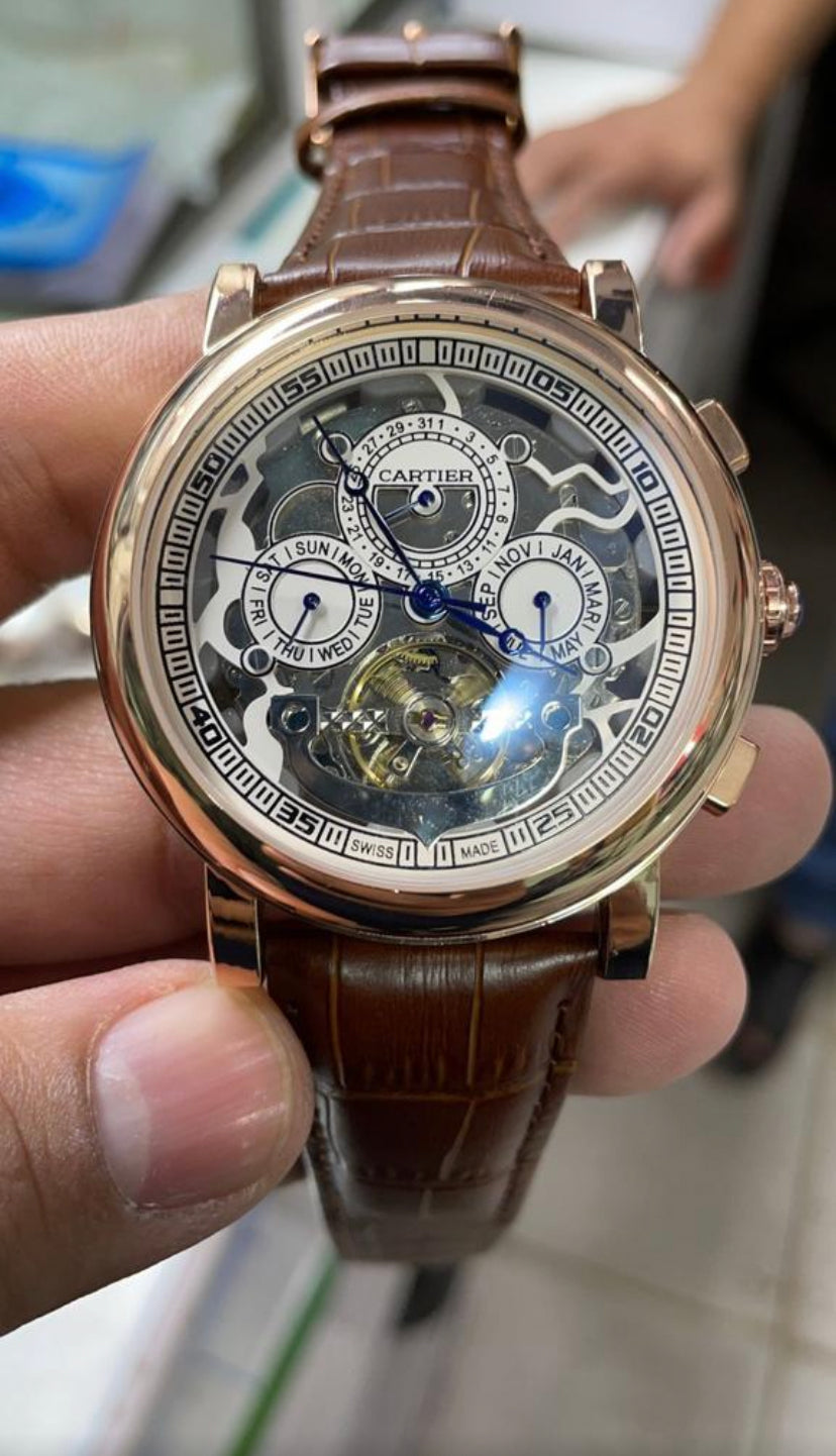 Men’s Brown Leather Strap Golden Dial Automatic Watch