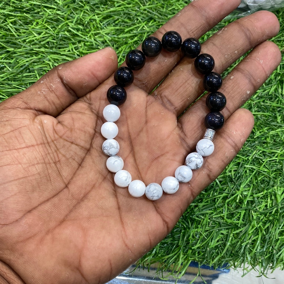 Howlite With Black Obsidian Natural Stone Beads Unisex Bracelet