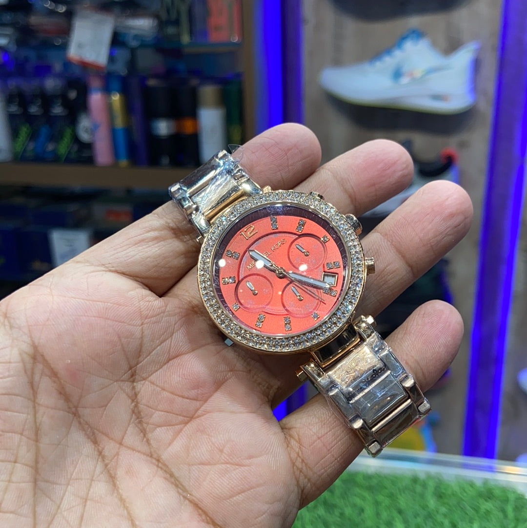 Cim Red Copper Chrono Stud CIM Ladies Chain Watch 400127