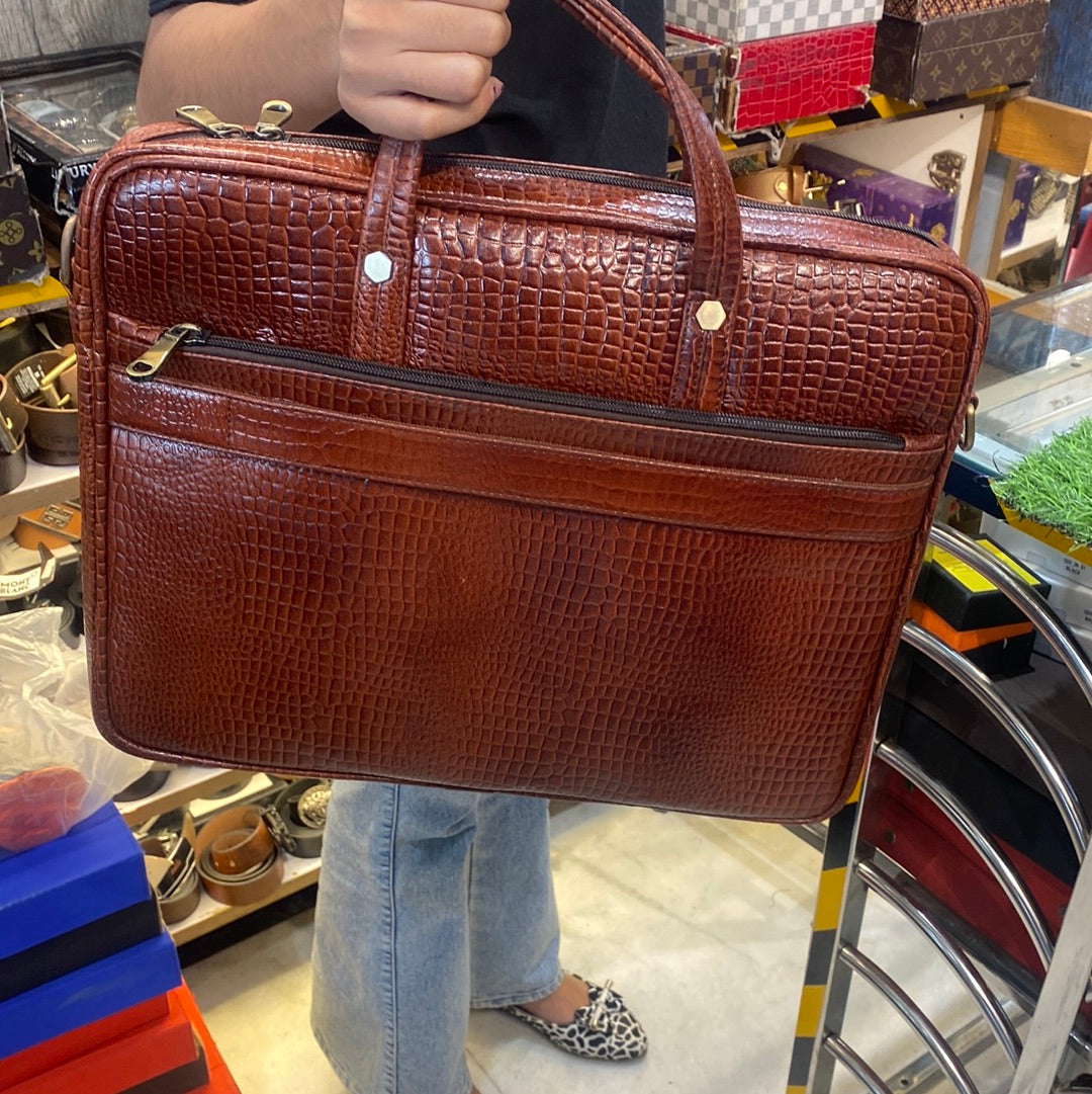 Brown Colour Zipper Genuine Leather Laptop Bag 4210