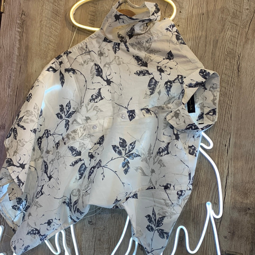 Massimo Dutti White Shirt Blue Grey Leaves Print Lilen Men Shirt 1874