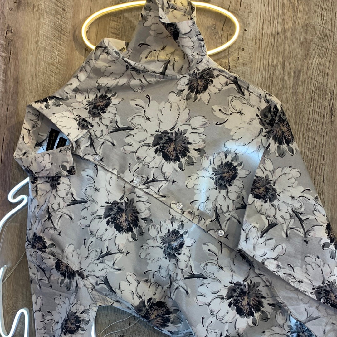 Massimo Dutti Grey Shirt White Flowers Print Lilen Men Shirt 1881