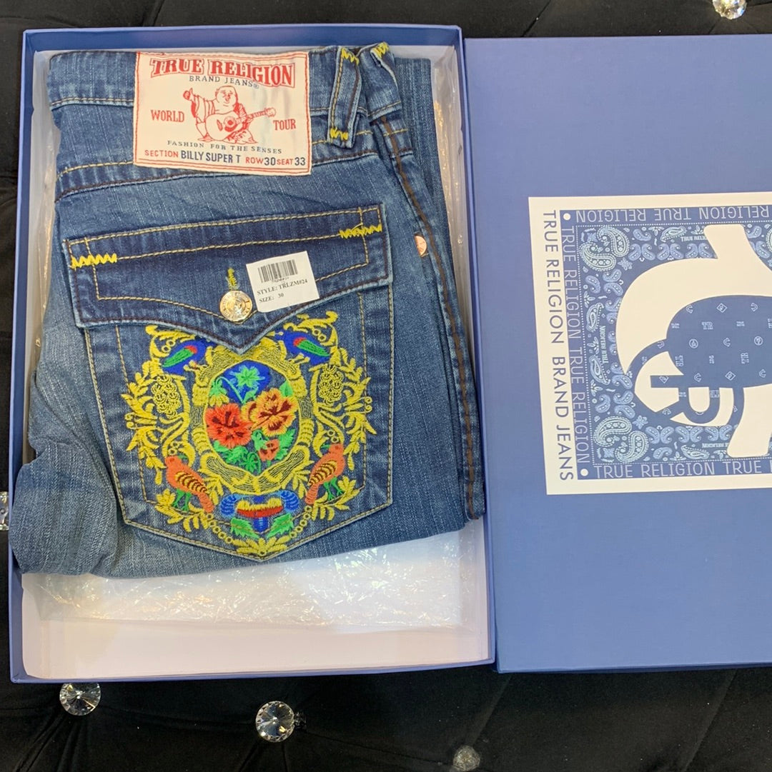 Urt Ler Blue Grey Back Side multi Flower Embroidehry Mens Hight Quality Men’s bell bottom Jeans 32050