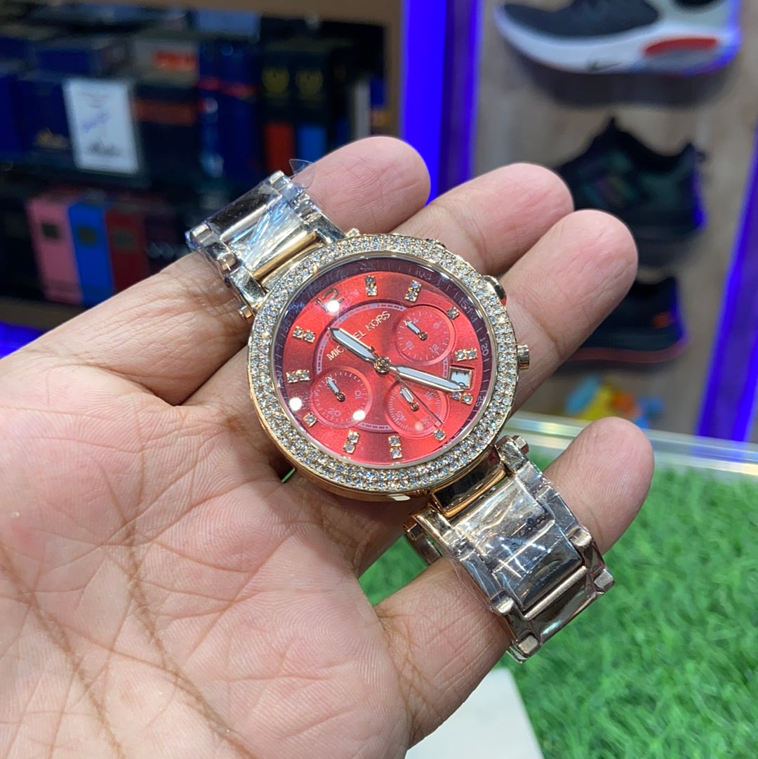 Cim Red Copper Chrono Stud CIM Ladies Chain Watch 400127