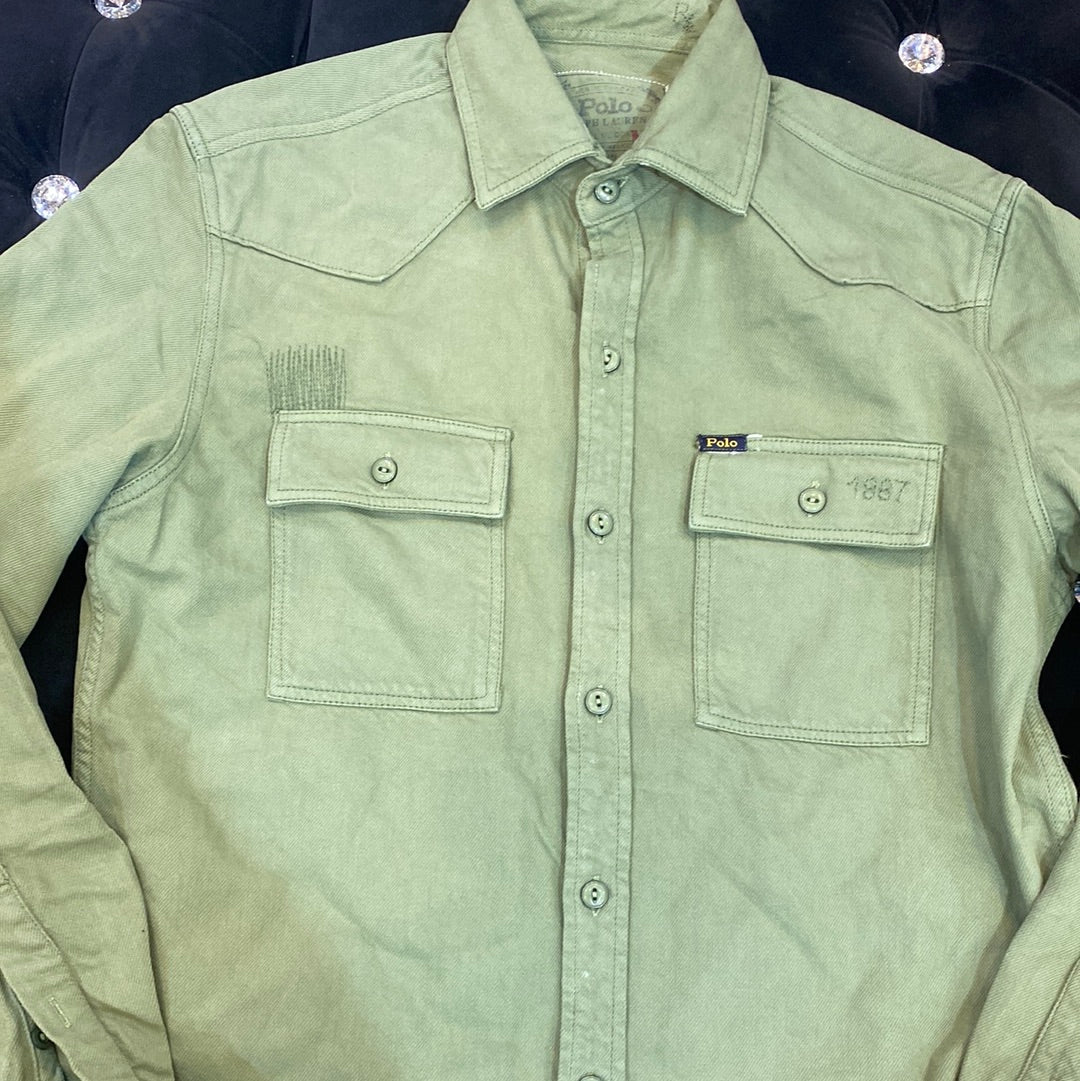 Green Colour LOP Branded Rough Ripped Look Design Imported Denim Shirt 78965