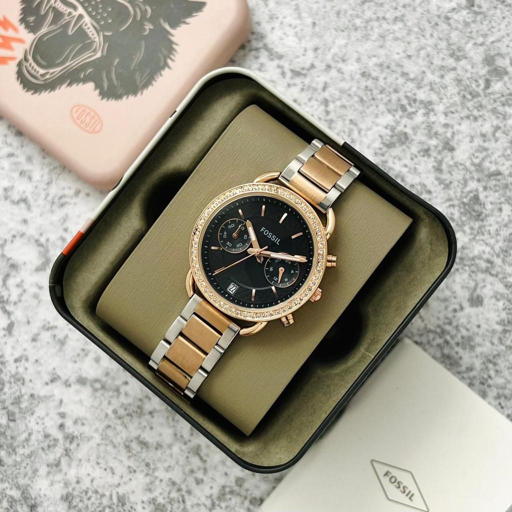 Sof Copper Silver Chain Black Dial Ladies Watch