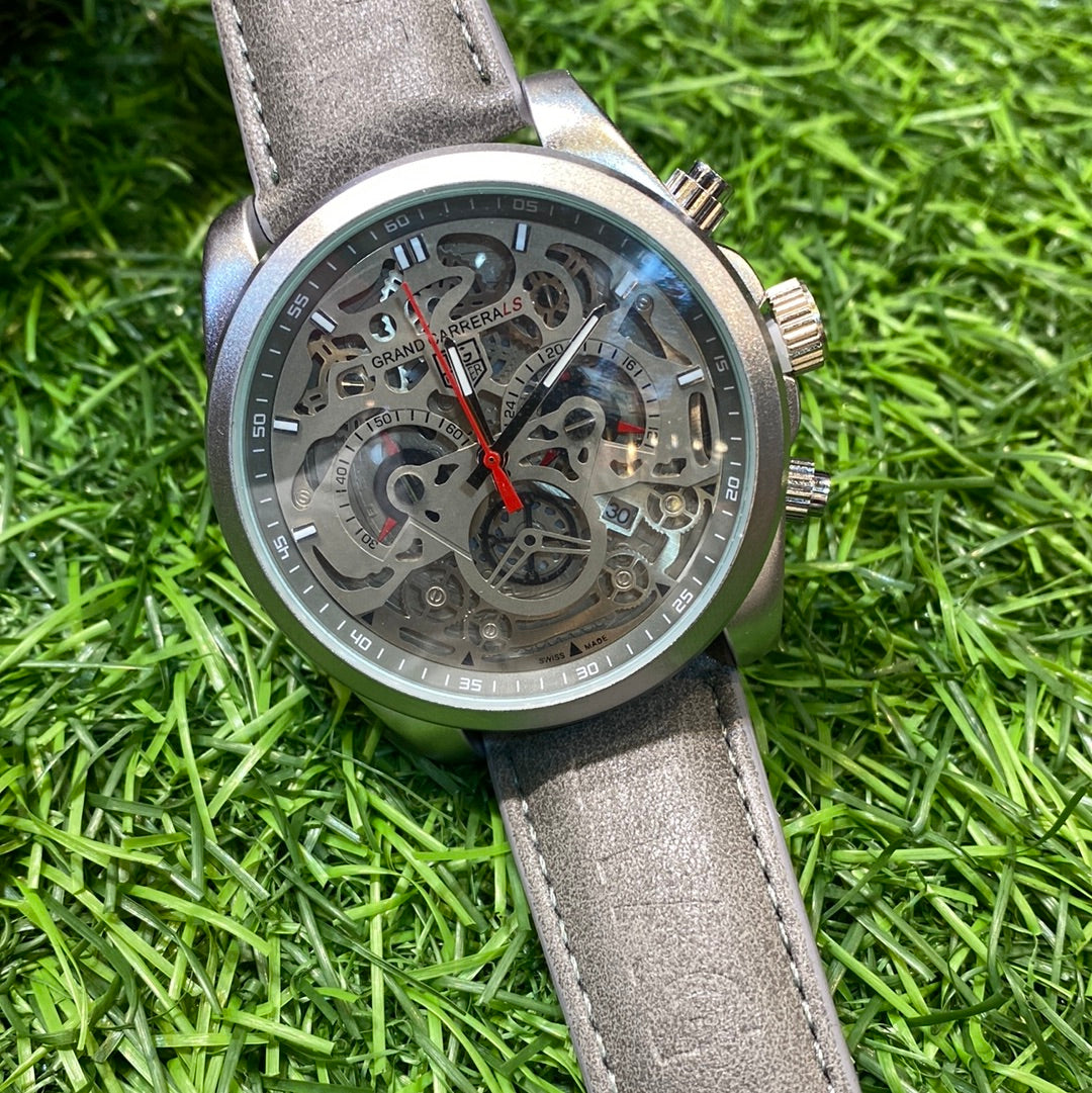 Gat Grey Leather Strap Grey Ring Grey Dial Chronograph Working Men’s Watch 401161