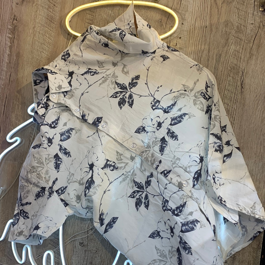 Massimo Dutti White Shirt Blue Grey Leaves Print Lilen Men Shirt 1874